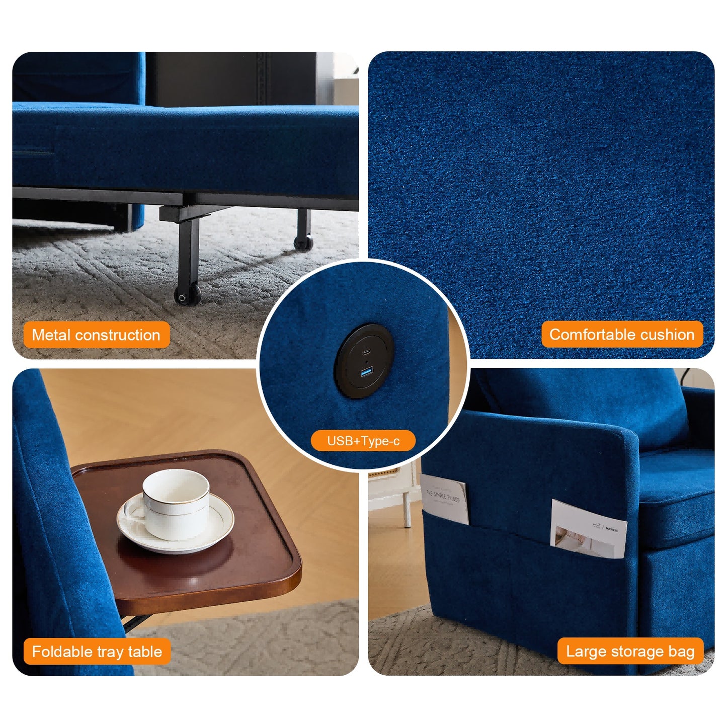 Convertible Sleeper Chair Bed | 3-in-1 Pull-Out Sofa with Charging Station & Tray Table