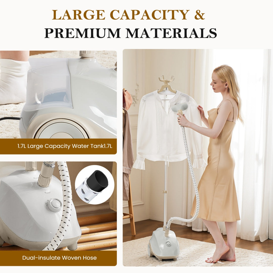 Standing Garment Steamer 1500W | Powerful Clothes Steamer with 1.7L Tank & Roll Wheels