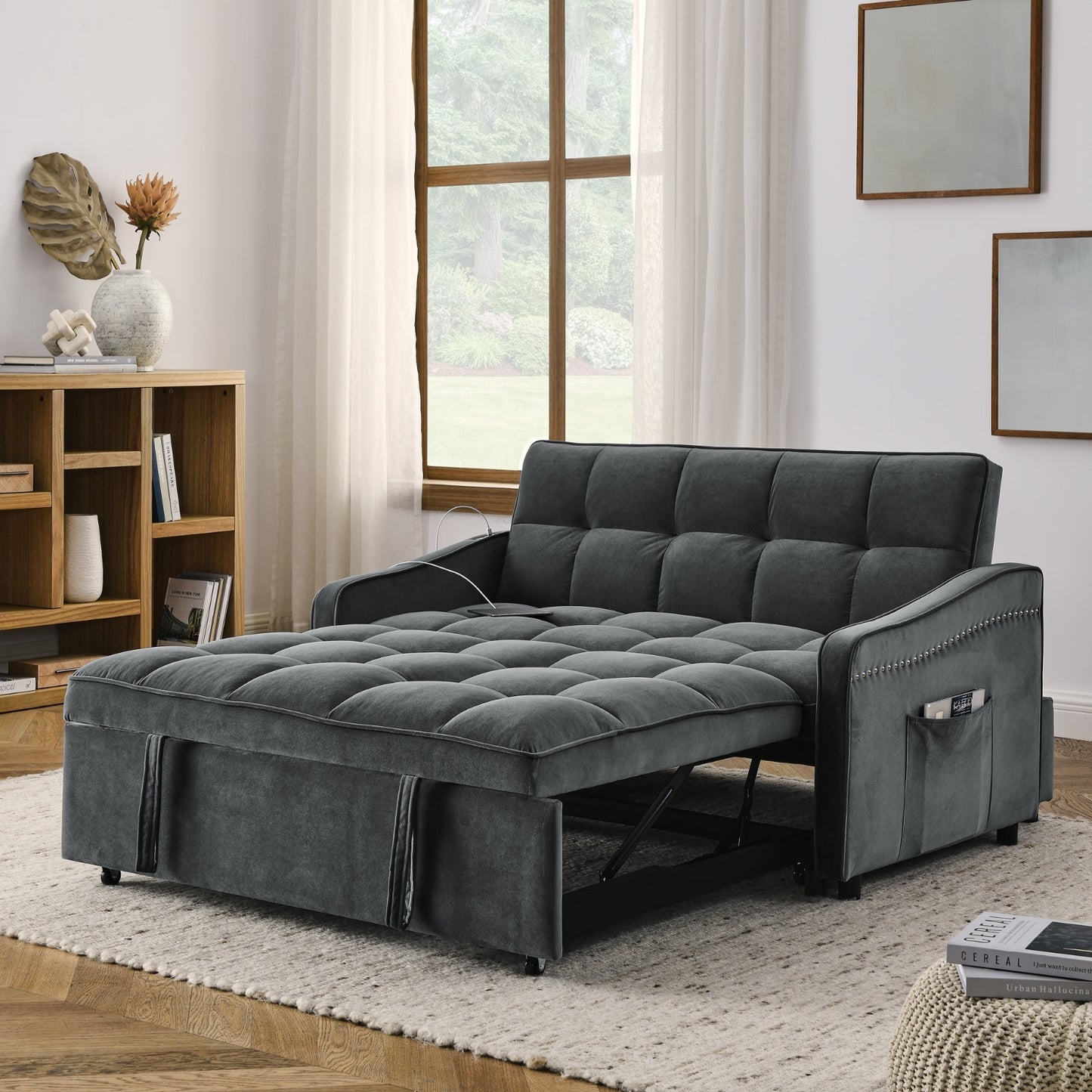 Grey Velvet Sofa Bed Loveseat | Pull-Out Bed with Type-C & USB Charging