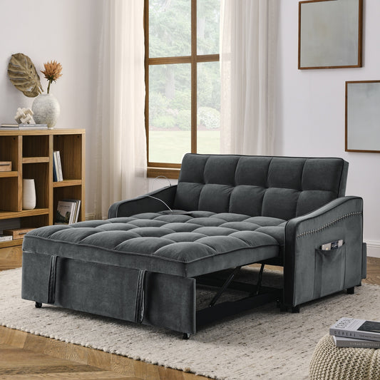 Grey Velvet Sofa Bed Loveseat | Pull-Out Bed with Type-C & USB Charging