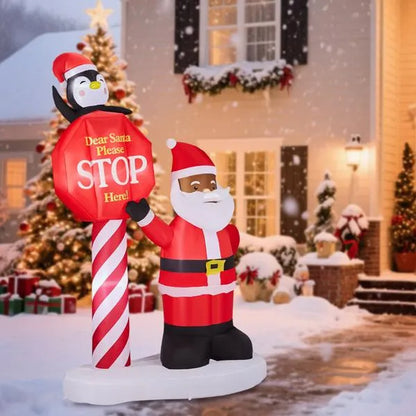 8.2FT Inflatable Black Santa & Road Sign | Lighted Christmas Yard Decoration