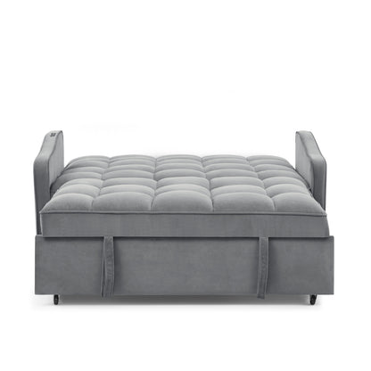 Grey Velvet Sofa Bed Loveseat | Pull-Out Bed with Type-C & USB Charging