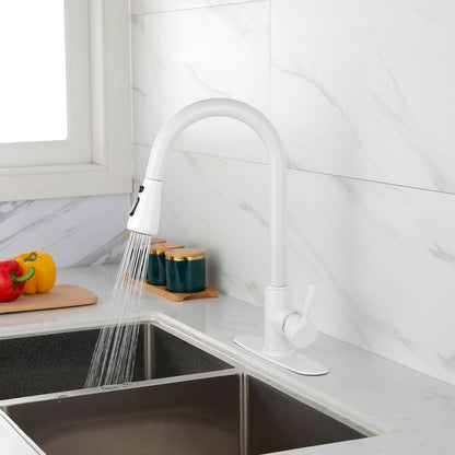 Kitchen Faucet With Pull Out Sprayer | White Finish, 3 Spray Settings