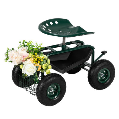 Heavy-Duty Rolling Garden Cart with Adjustable Seat & Tool Tray