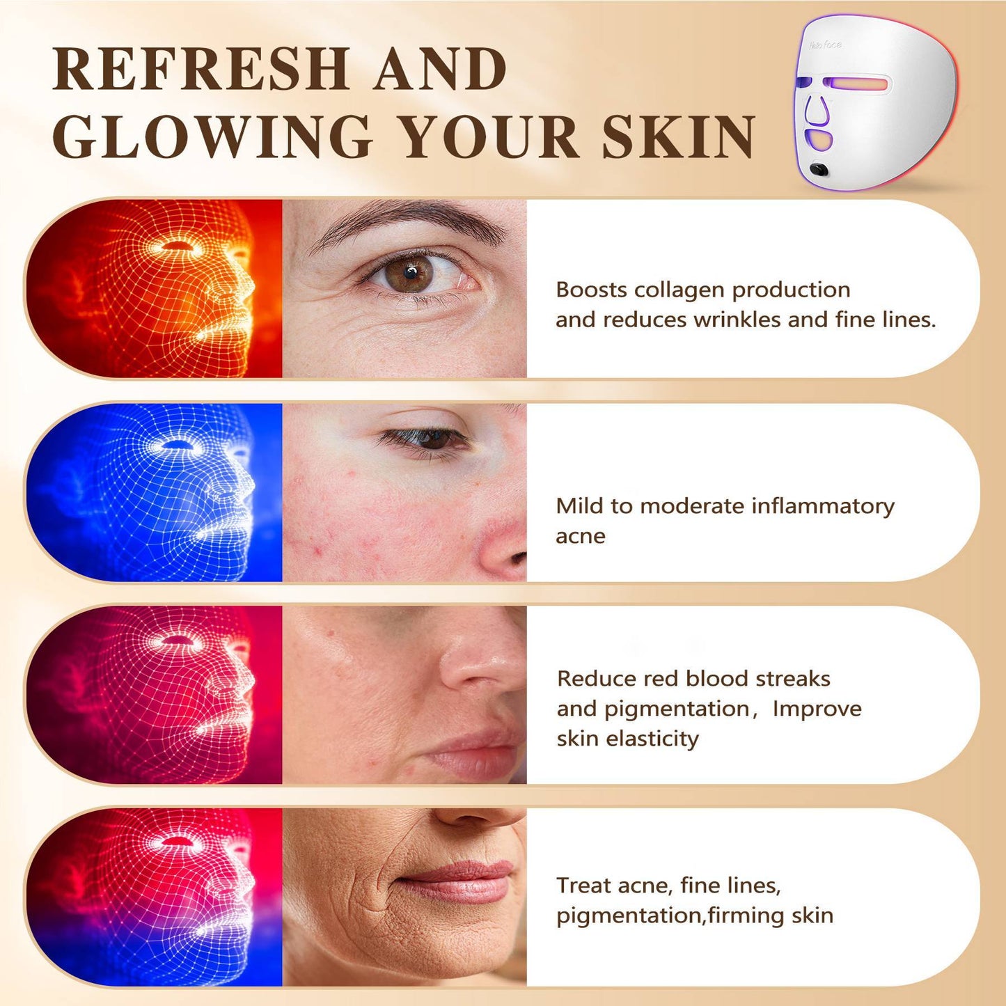 3-in-1 LED Face Mask | Red, Blue & Near-Infrared Light Therapy for Anti-Aging and Acne