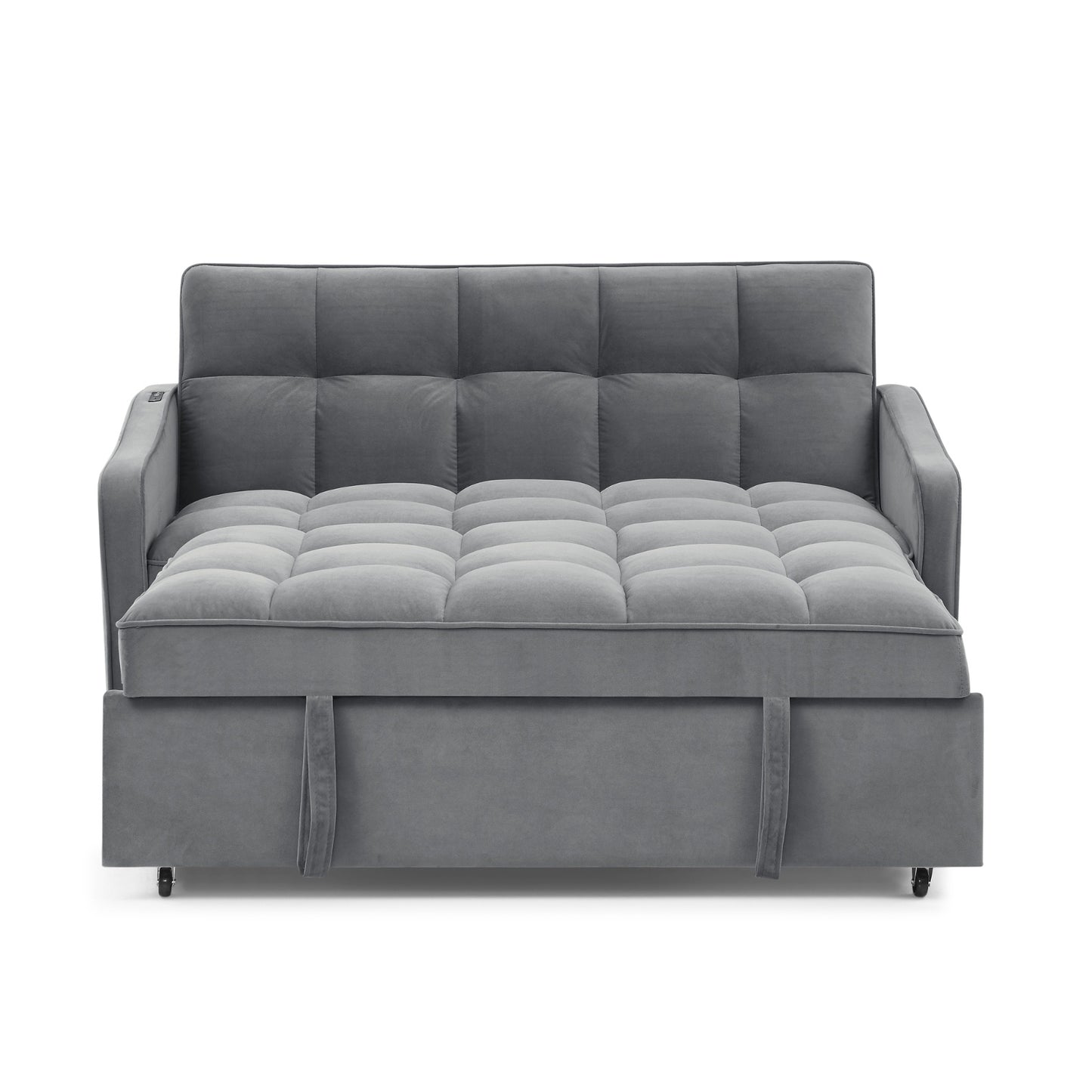Grey Velvet Sofa Bed Loveseat | Pull-Out Bed with Type-C & USB Charging