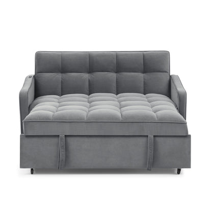 Grey Velvet Sofa Bed Loveseat | Pull-Out Bed with Type-C & USB Charging