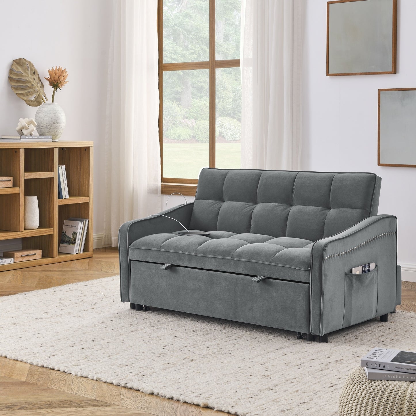Grey Velvet Sofa Bed Loveseat | Pull-Out Bed with Type-C & USB Charging