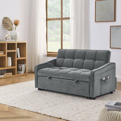 Grey Velvet Sofa Bed Loveseat | Pull-Out Bed with Type-C & USB Charging