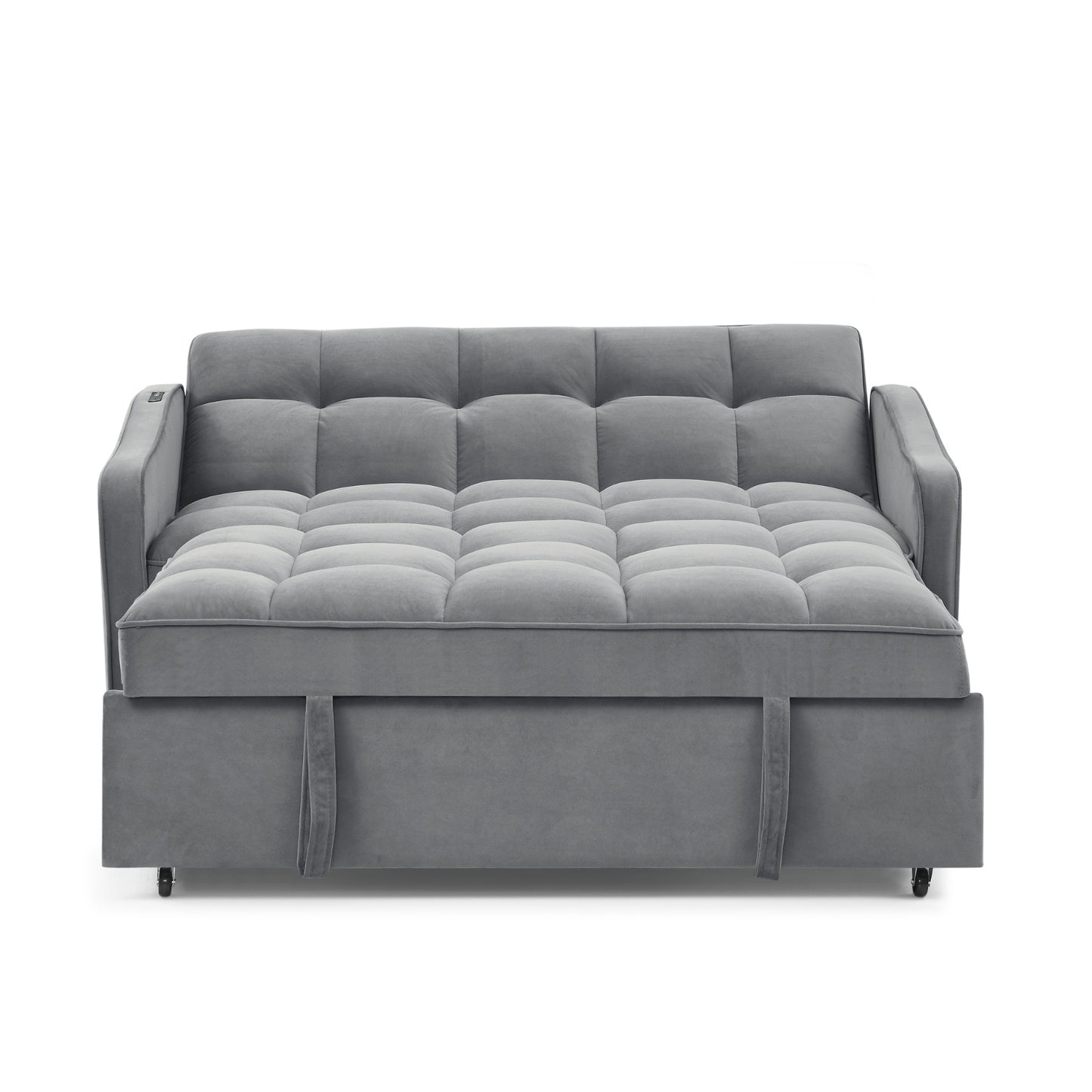 Grey Velvet Sofa Bed Loveseat | Pull-Out Bed with Type-C & USB Charging