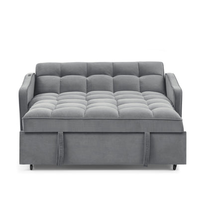 Grey Velvet Sofa Bed Loveseat | Pull-Out Bed with Type-C & USB Charging