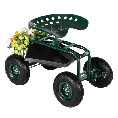 Heavy-Duty Rolling Garden Cart with Adjustable Seat & Tool Tray