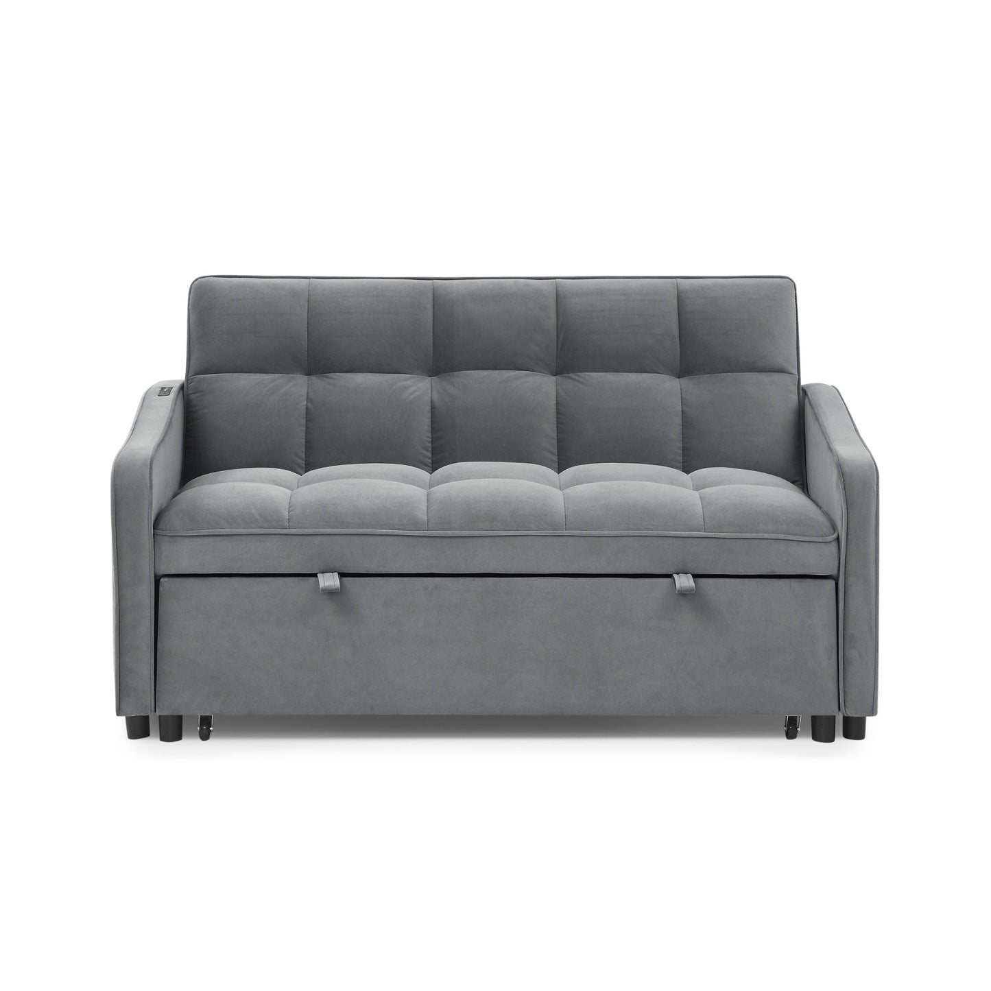 Grey Velvet Sofa Bed Loveseat | Pull-Out Bed with Type-C & USB Charging