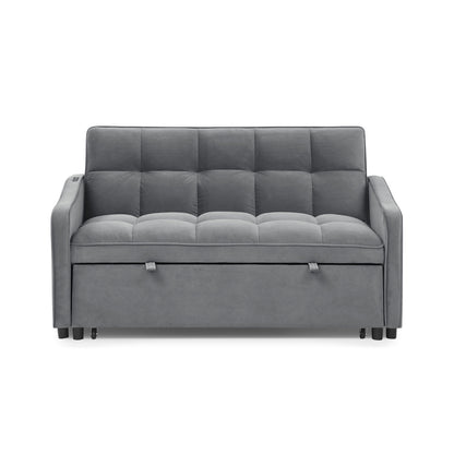 Grey Velvet Sofa Bed Loveseat | Pull-Out Bed with Type-C & USB Charging