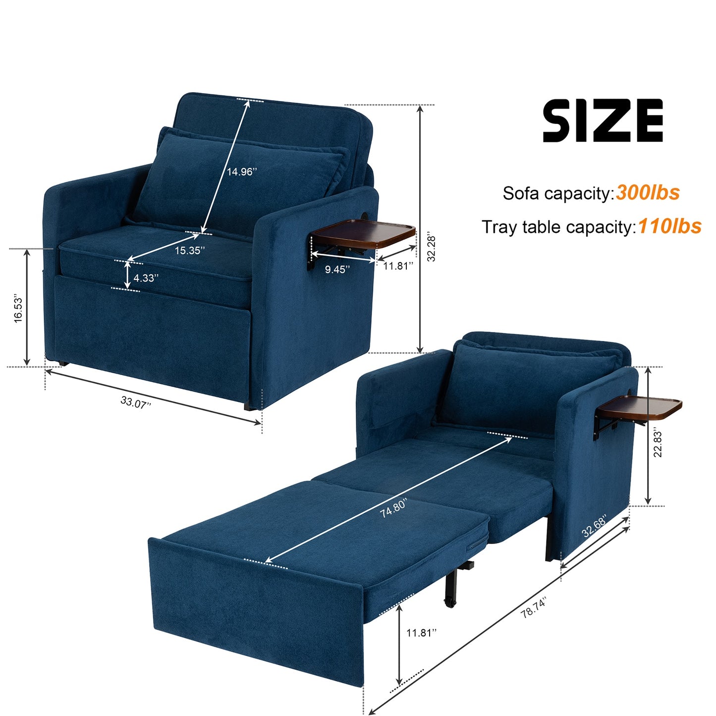 Convertible Sleeper Chair Bed | 3-in-1 Pull-Out Sofa with Charging Station & Tray Table