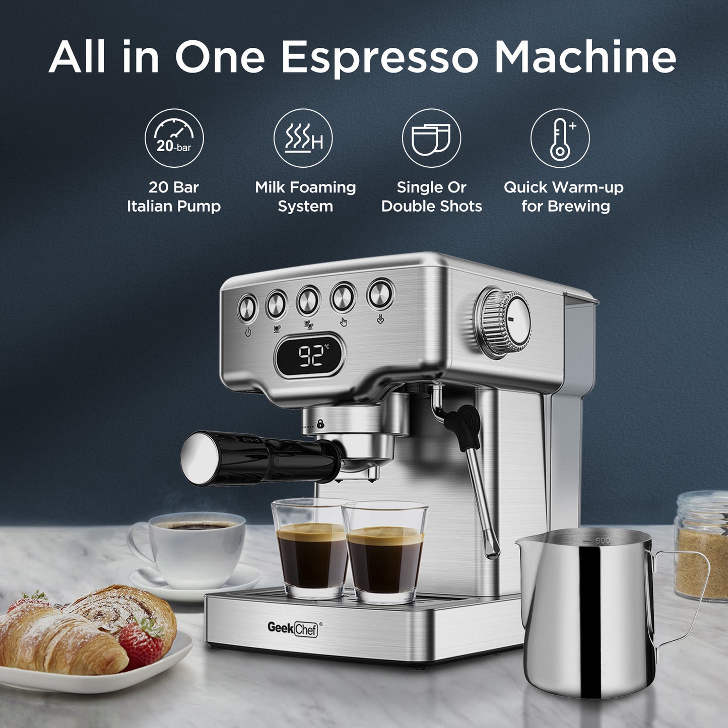 Geek Chef Espresso Machine | 20 Bar Coffee Maker with Milk Frother for Latte & Cappuccino