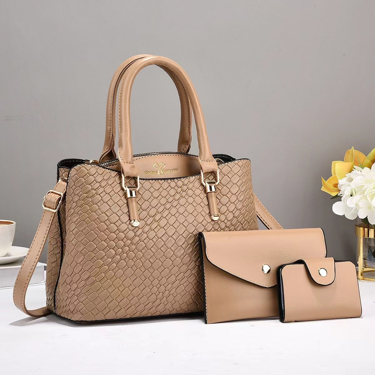 Woven Texture Three-Piece Shoulder Bag Set | Large Capacity Handbag Combo