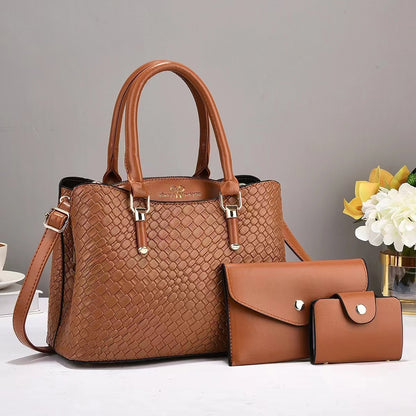 Woven Texture Three-Piece Shoulder Bag Set | Large Capacity Handbag Combo