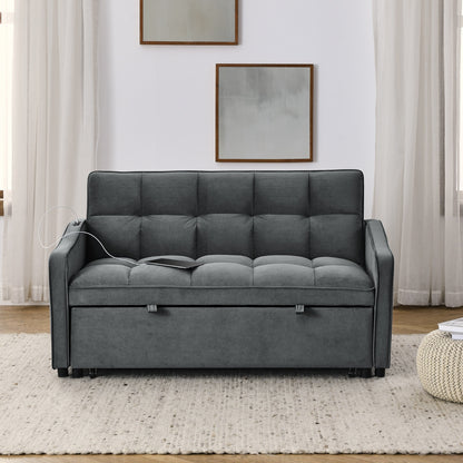 Grey Velvet Sofa Bed Loveseat | Pull-Out Bed with Type-C & USB Charging