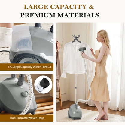 Standing Garment Steamer 1500W | Powerful Clothes Steamer with 1.7L Tank & Roll Wheels