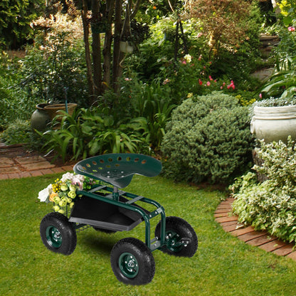 Heavy-Duty Rolling Garden Cart with Adjustable Seat & Tool Tray