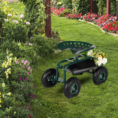 Heavy-Duty Rolling Garden Cart with Adjustable Seat & Tool Tray