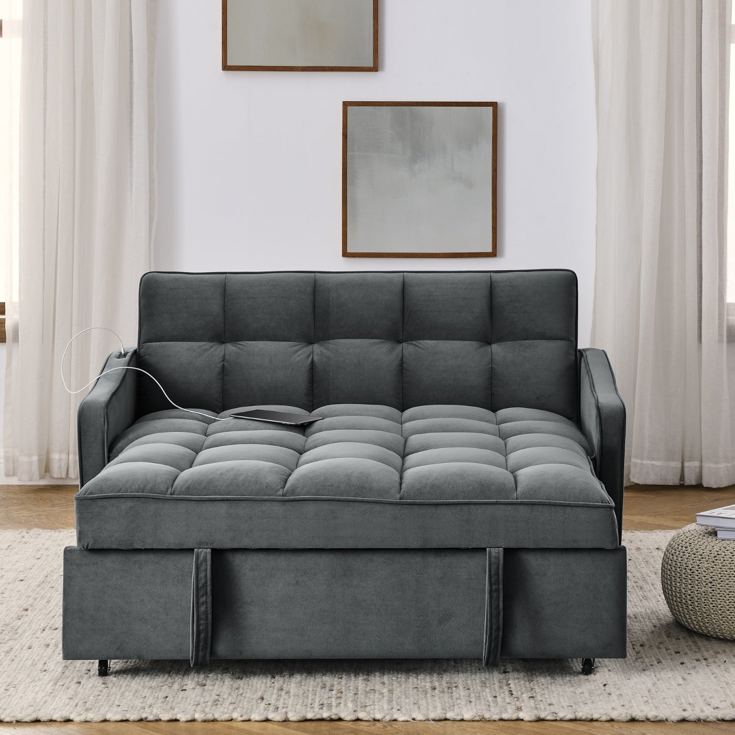 Grey Velvet Sofa Bed Loveseat | Pull-Out Bed with Type-C & USB Charging