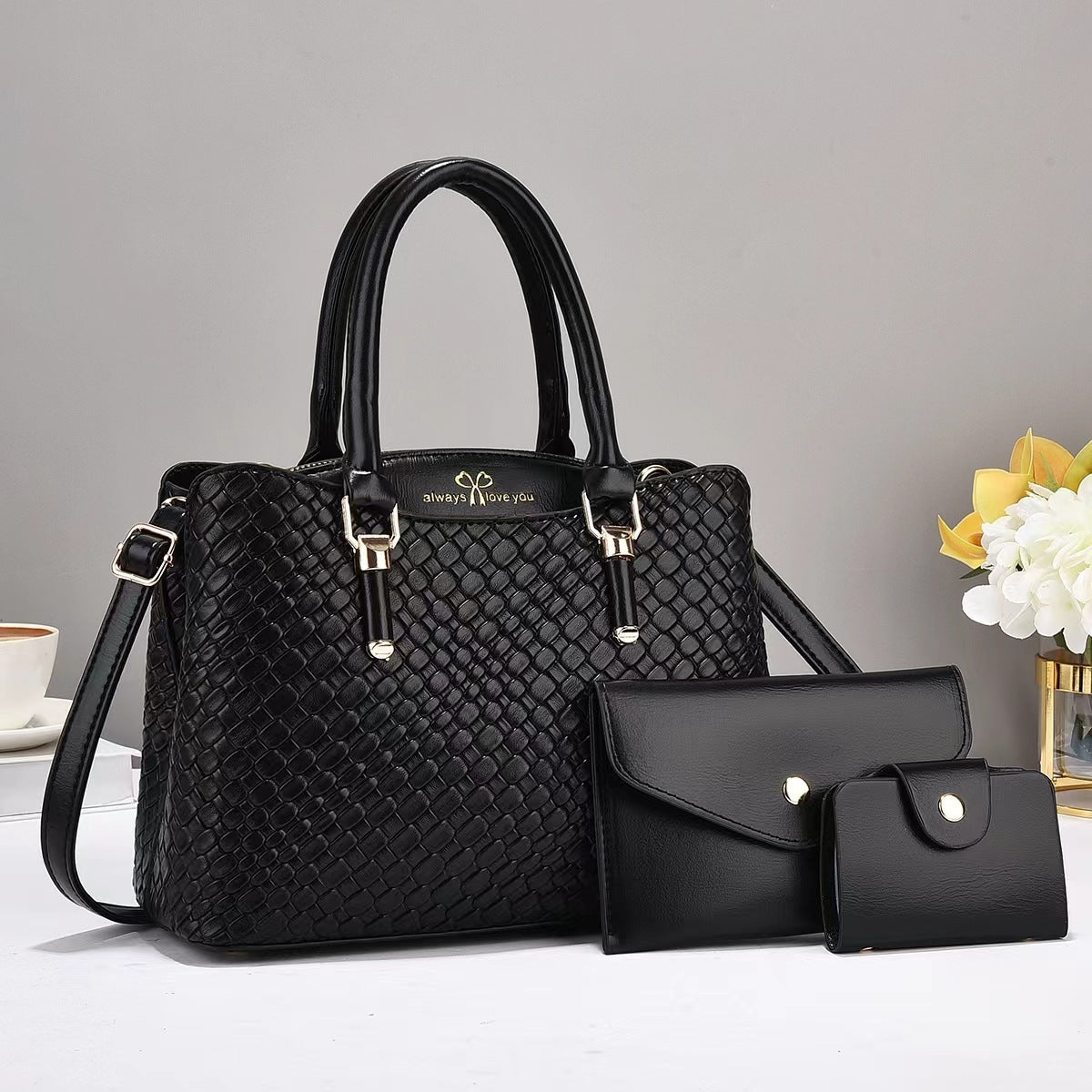 Woven Texture Three-Piece Shoulder Bag Set | Large Capacity Handbag Combo