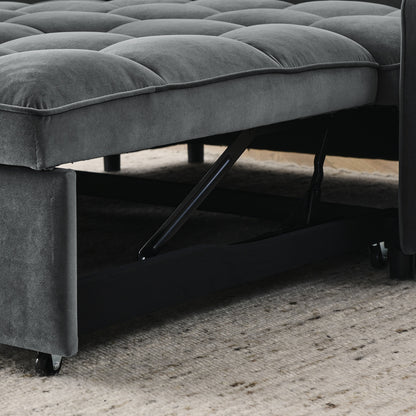 Grey Velvet Sofa Bed Loveseat | Pull-Out Bed with Type-C & USB Charging