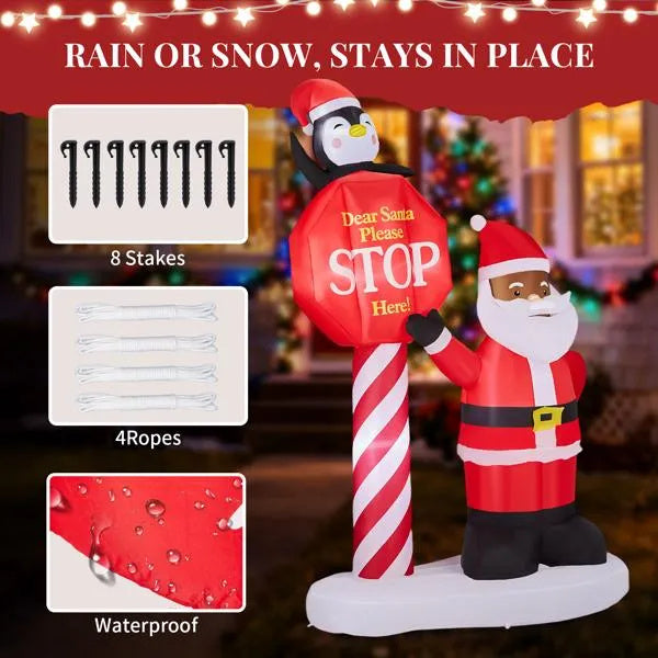 8.2FT Inflatable Black Santa & Road Sign | Lighted Christmas Yard Decoration